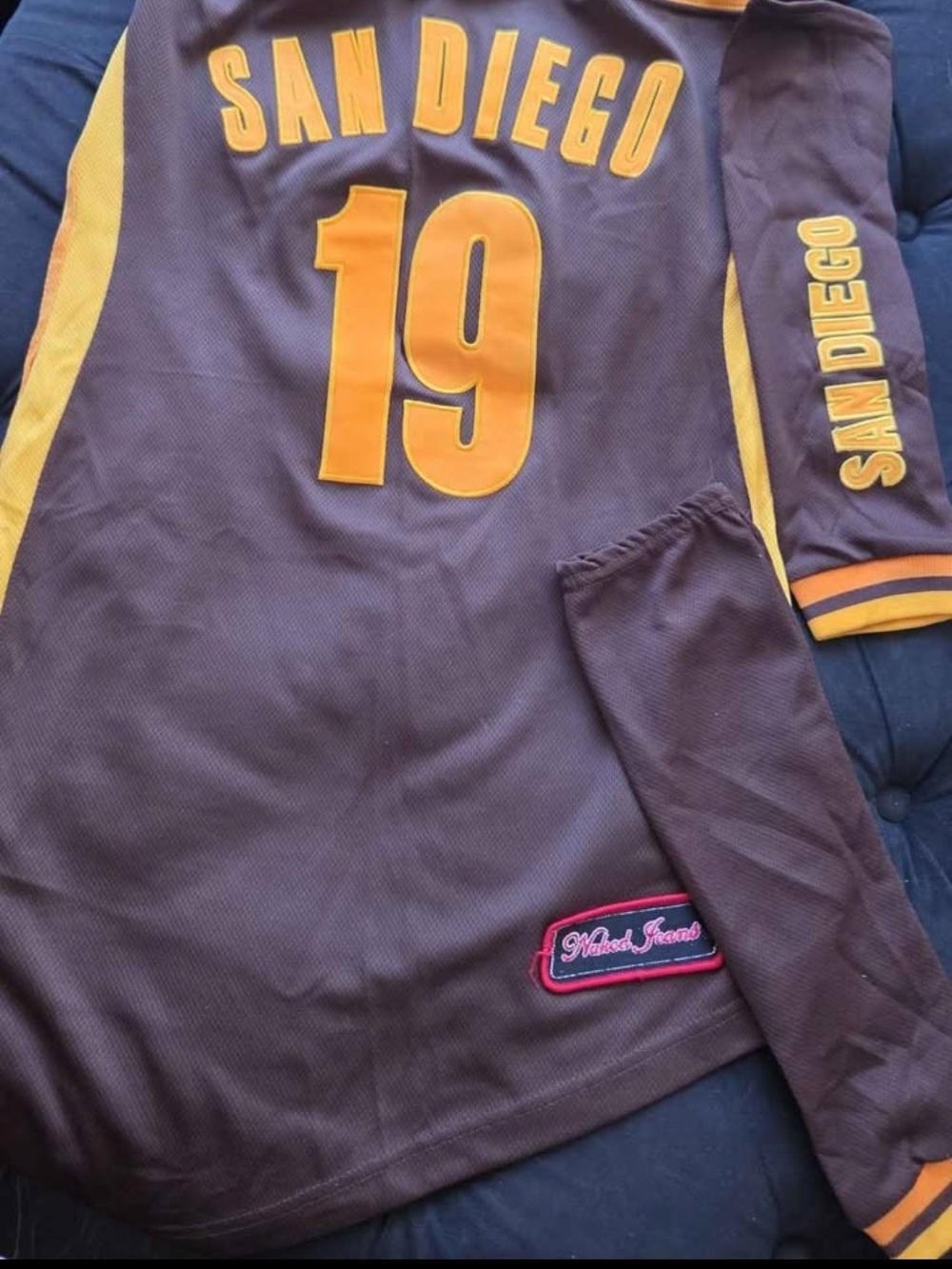 NAK Brown &Yellow 'San Diego' Asymmetrical Jersey Dress (Costume) w/ Arm Warmers